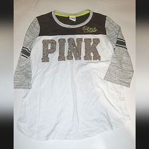 PINK Victoria's Secret Bling Sequin 3/4 Sleeve Top Tee Shirt T-Shirt Size Small